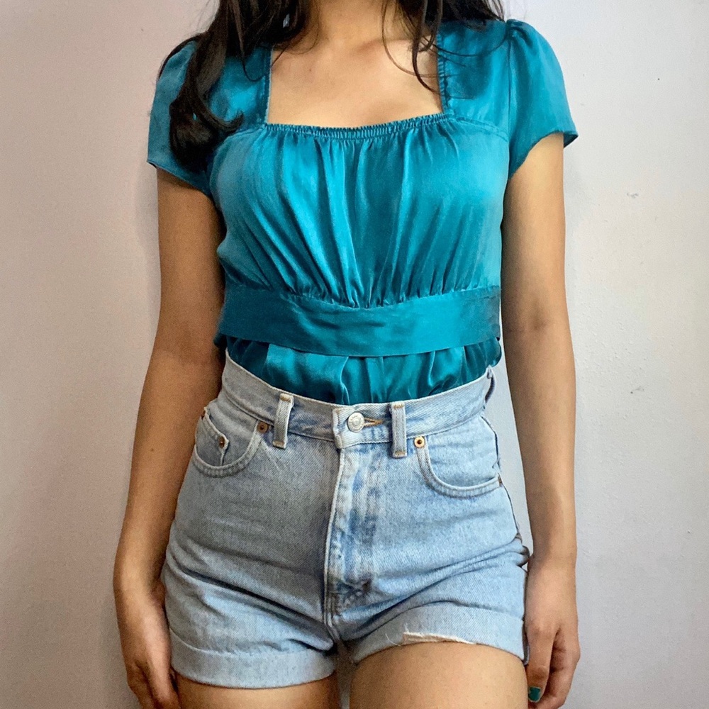 Express Blue Silk Tie Up Blouse